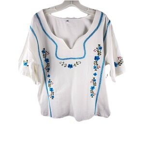 Mexican Embroidered Blouse White Cotton Blue Floral Details Sz 40/L